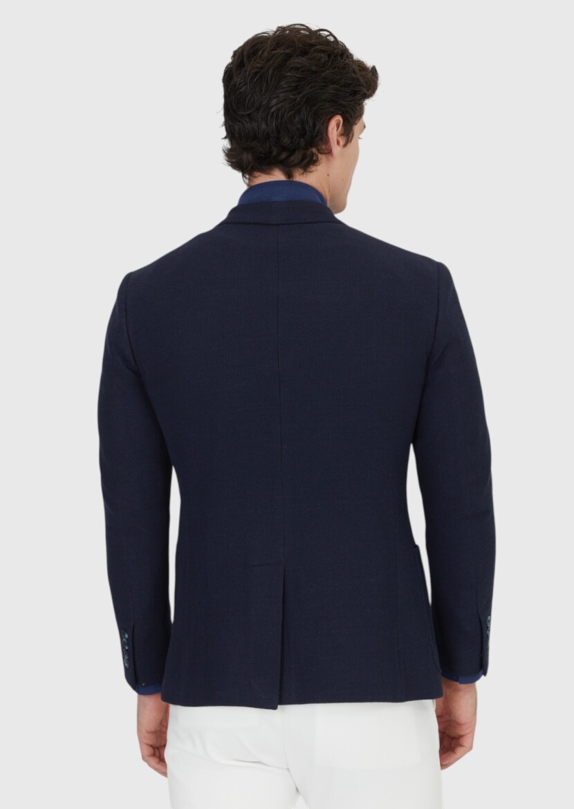 Navy Blue Plain Shirt Shoulder Slim Fit Cotton Blended Jacket - 7