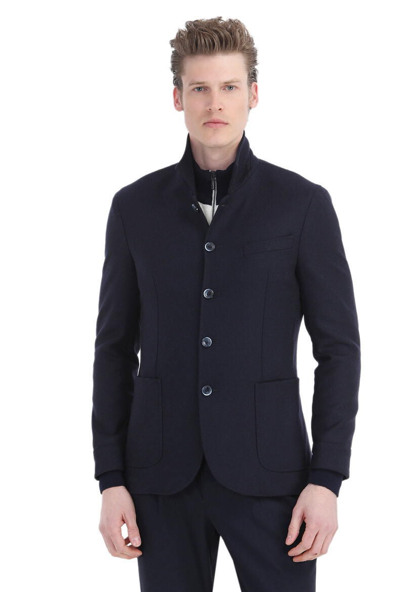 Navy Blue Plain Shirt Shoulder Slim Fit Wool Blended Jacket - 1