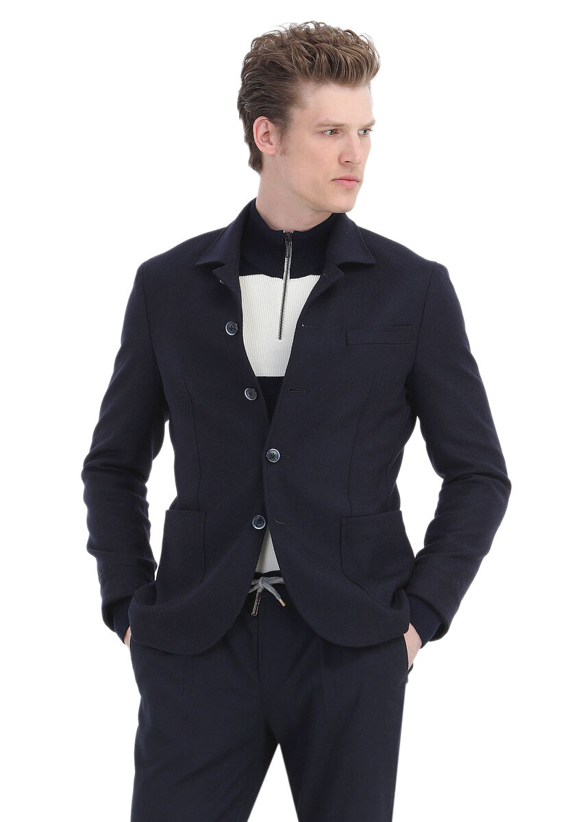 Navy Blue Plain Shirt Shoulder Slim Fit Wool Blended Jacket - 3