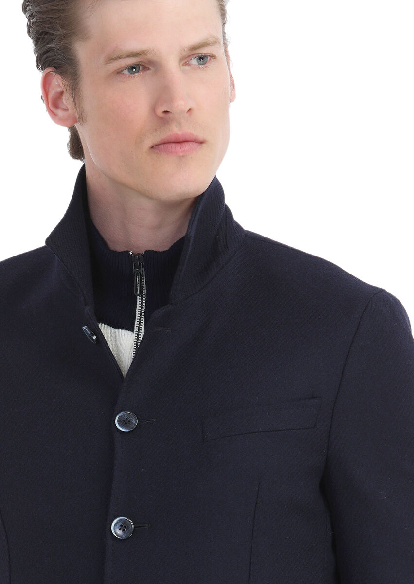 Navy Blue Plain Shirt Shoulder Slim Fit Wool Blended Jacket - 4