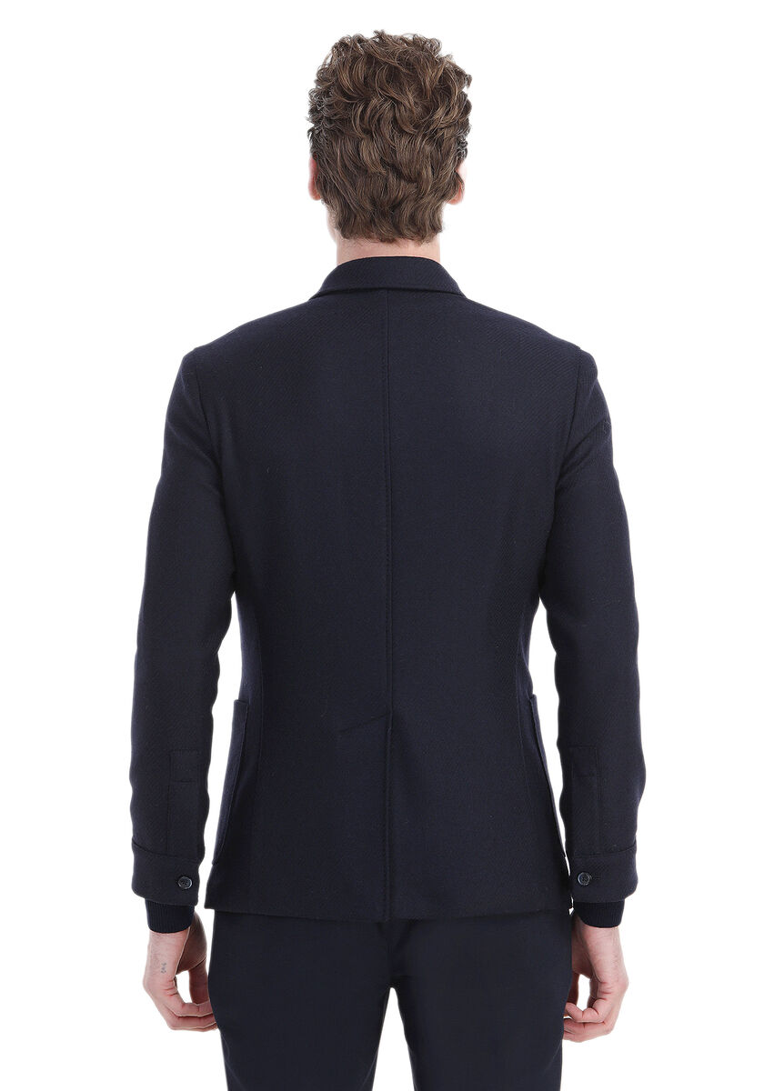 Navy Blue Plain Shirt Shoulder Slim Fit Wool Blended Jacket - 5