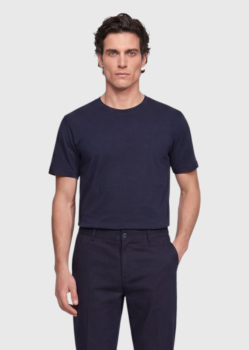 Navy Blue Plain Silk Blended T-Shirt - 1