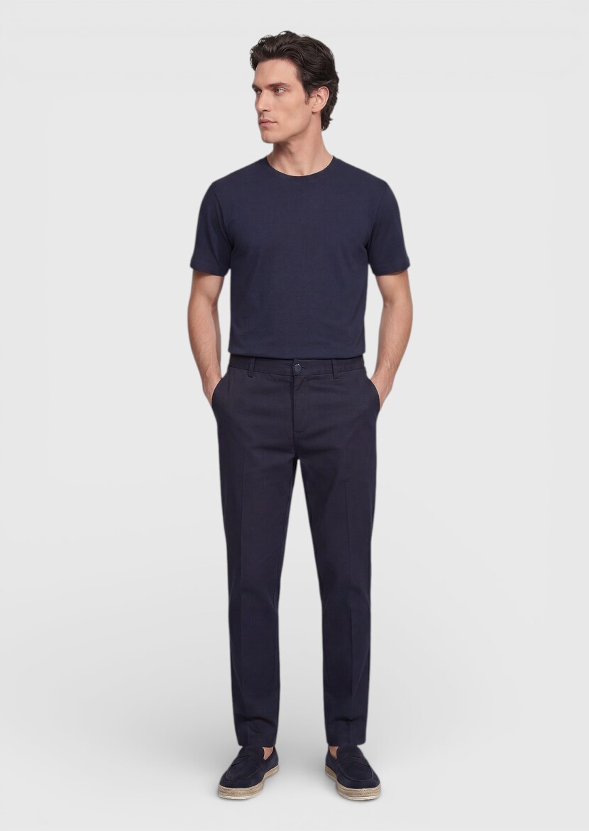 Navy Blue Plain Silk Blended T-Shirt - RAMSEY