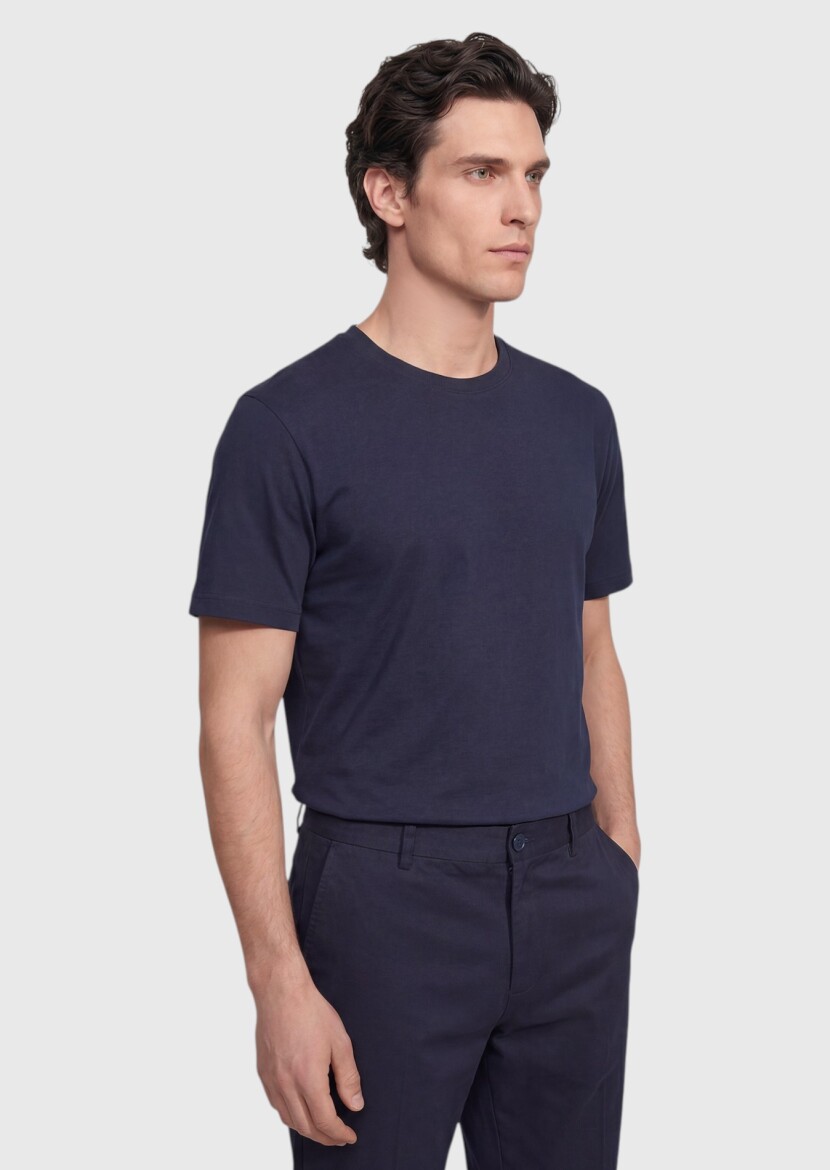 Navy Blue Plain Silk Blended T-Shirt - 3
