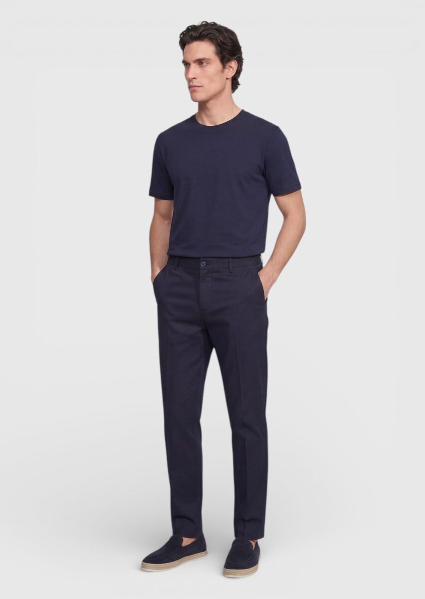 Navy Blue Plain Silk Blended T-Shirt - 4