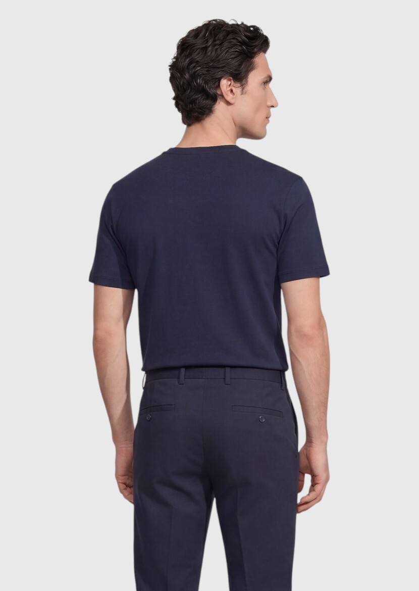 Navy Blue Plain Silk Blended T-Shirt - 5