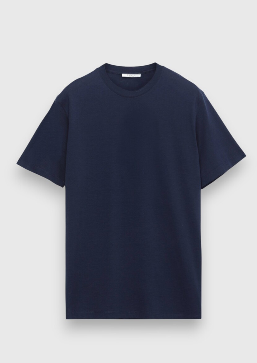 Navy Blue Plain Silk Blended T-Shirt - 6