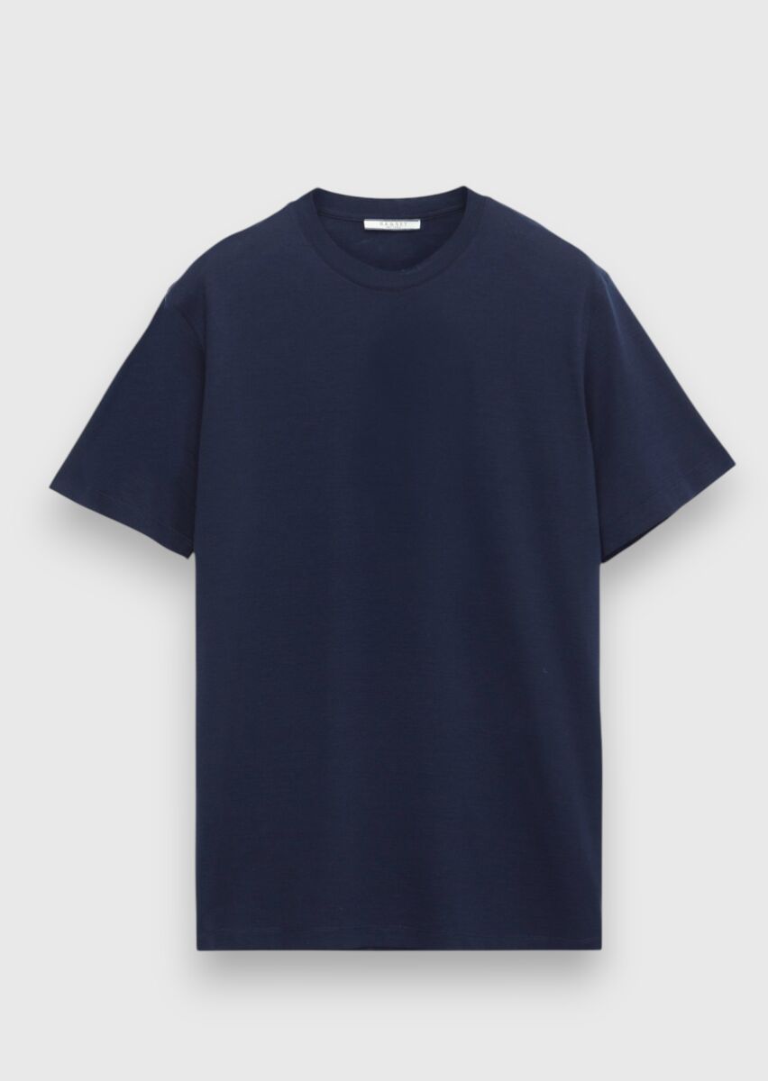 Navy Blue Plain Silk Blended T-Shirt - 6
