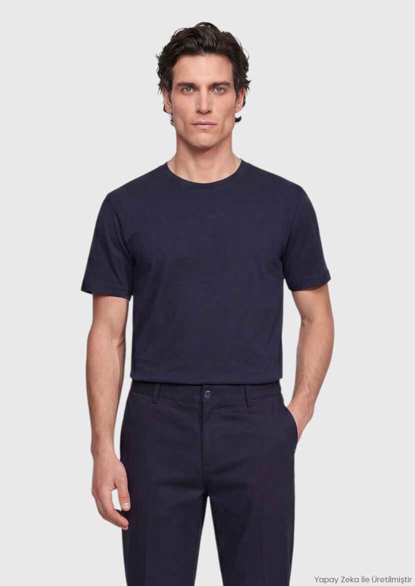 Navy Blue Plain Silk Blended T-Shirt - RAMSEY