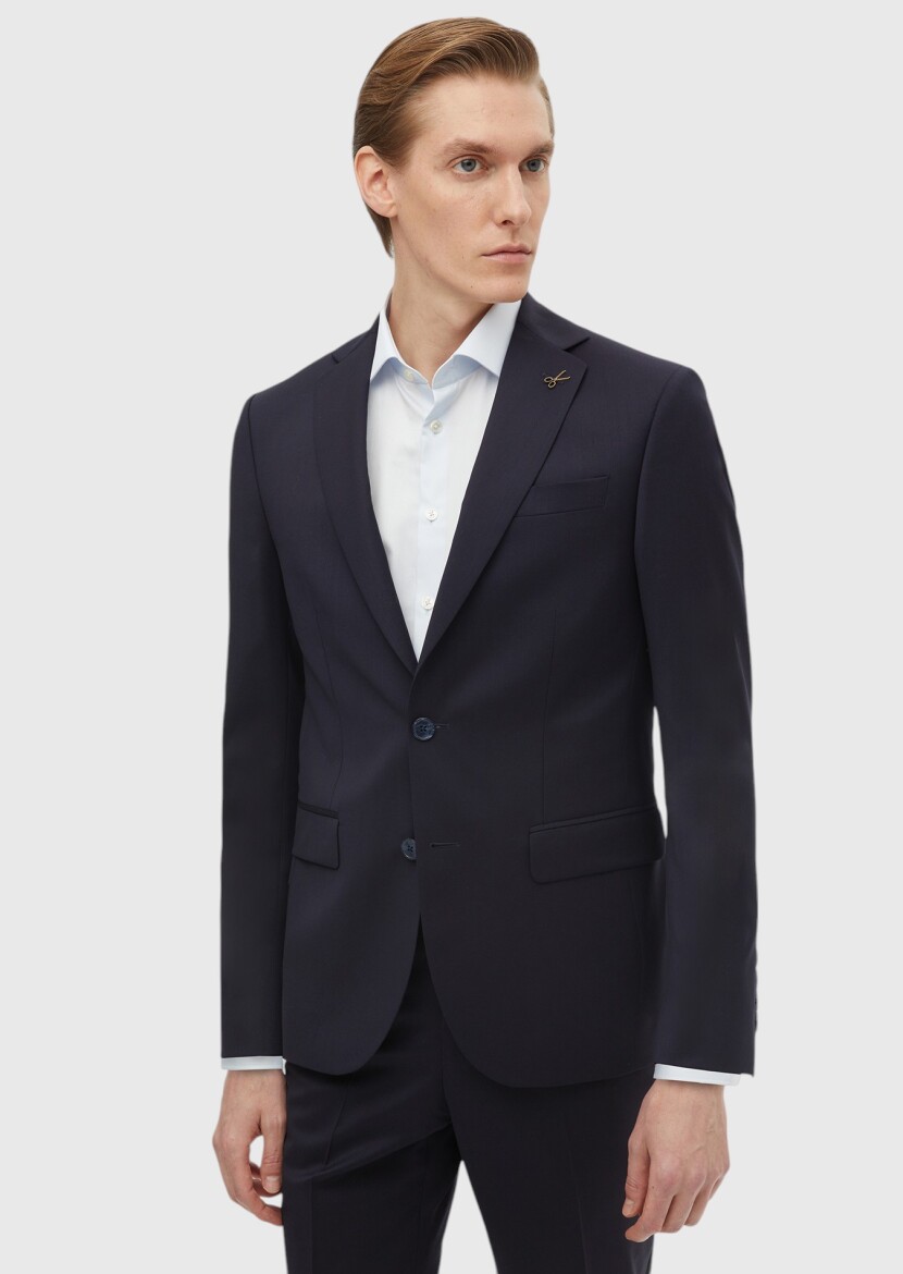 Navy Blue Plain Slim Fit 100% Wool Suit - RAMSEY