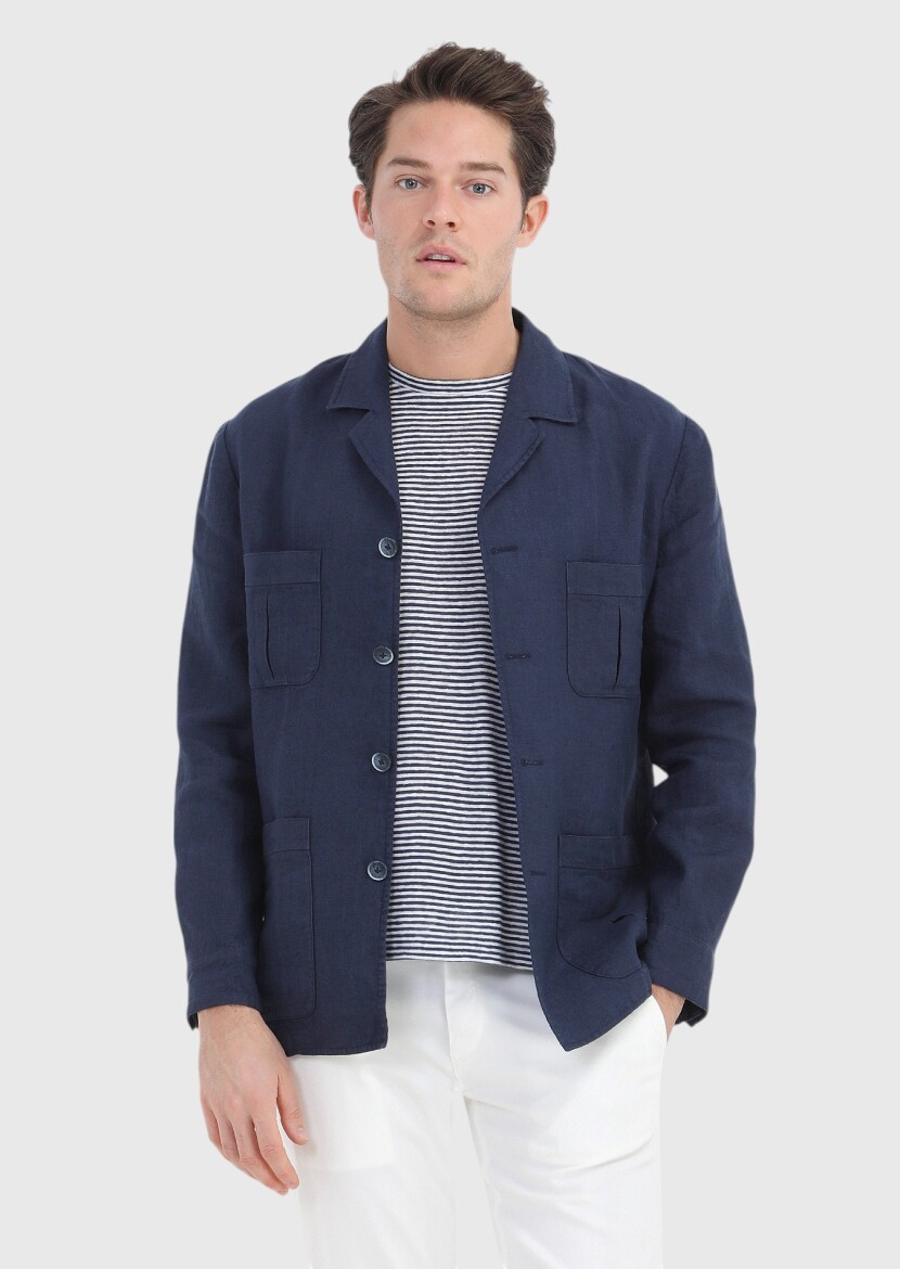 Navy Blue Plain Slim Fit Cotton Blended Jacket - 1