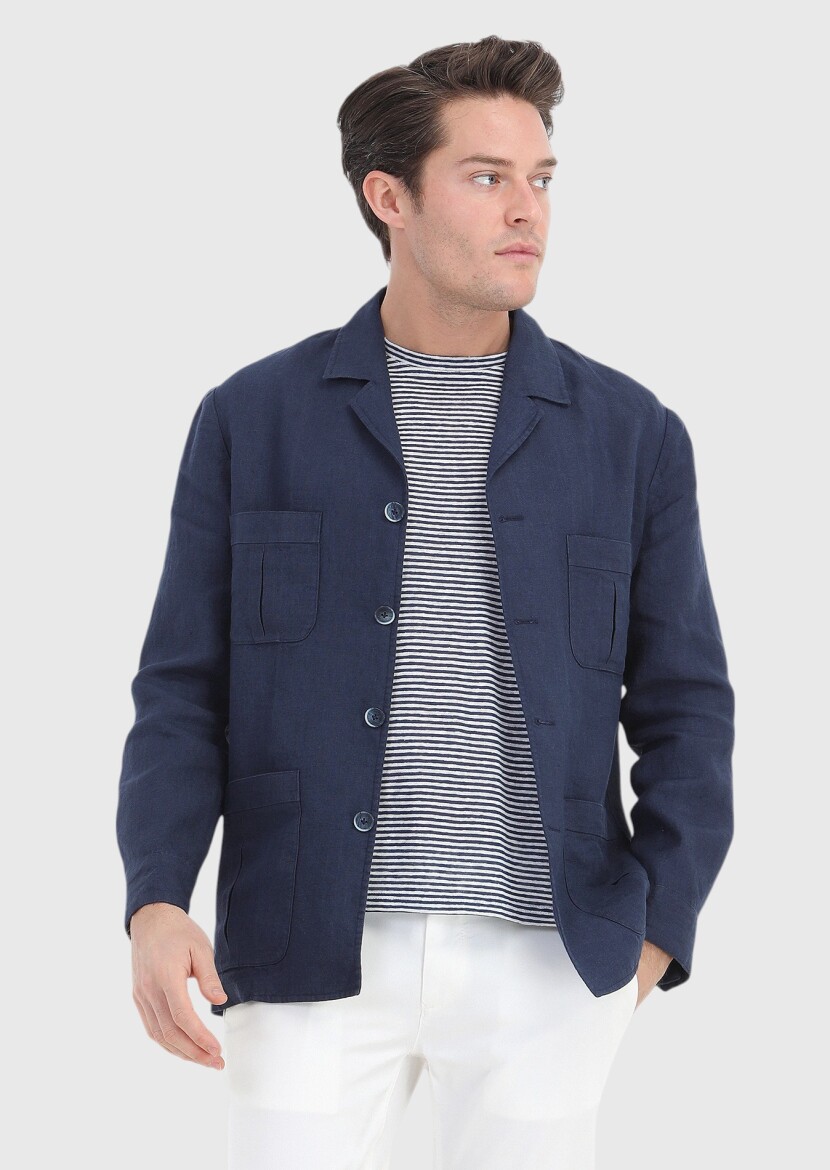 Navy Blue Plain Slim Fit Cotton Blended Jacket - 3