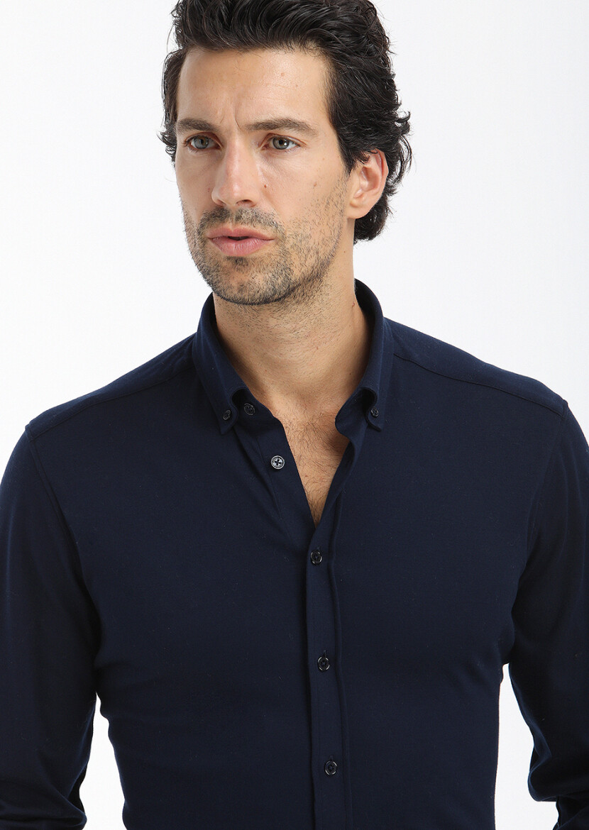 Navy Blue Plain Slim Fit Long Knitting Casual 100% Cotton Shirt - 2