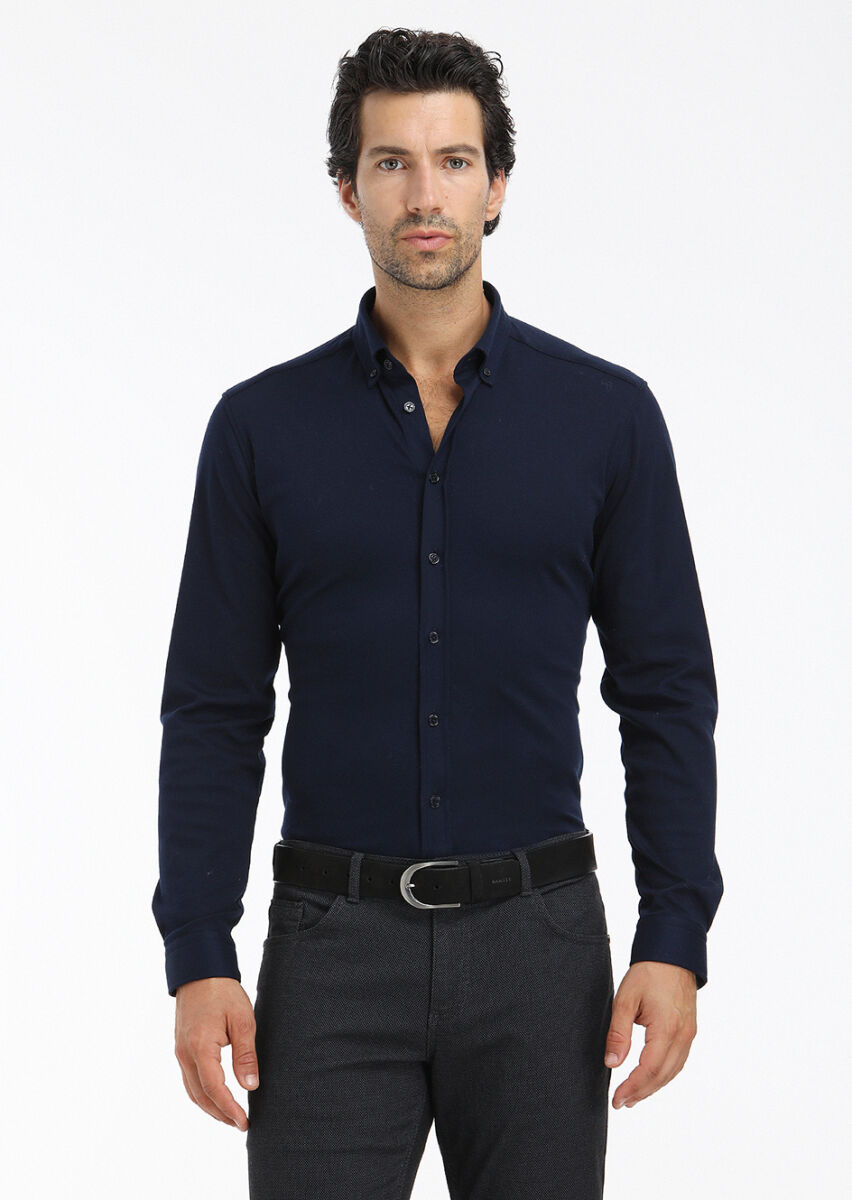 Navy Blue Plain Slim Fit Long Knitting Casual 100% Cotton Shirt - 3