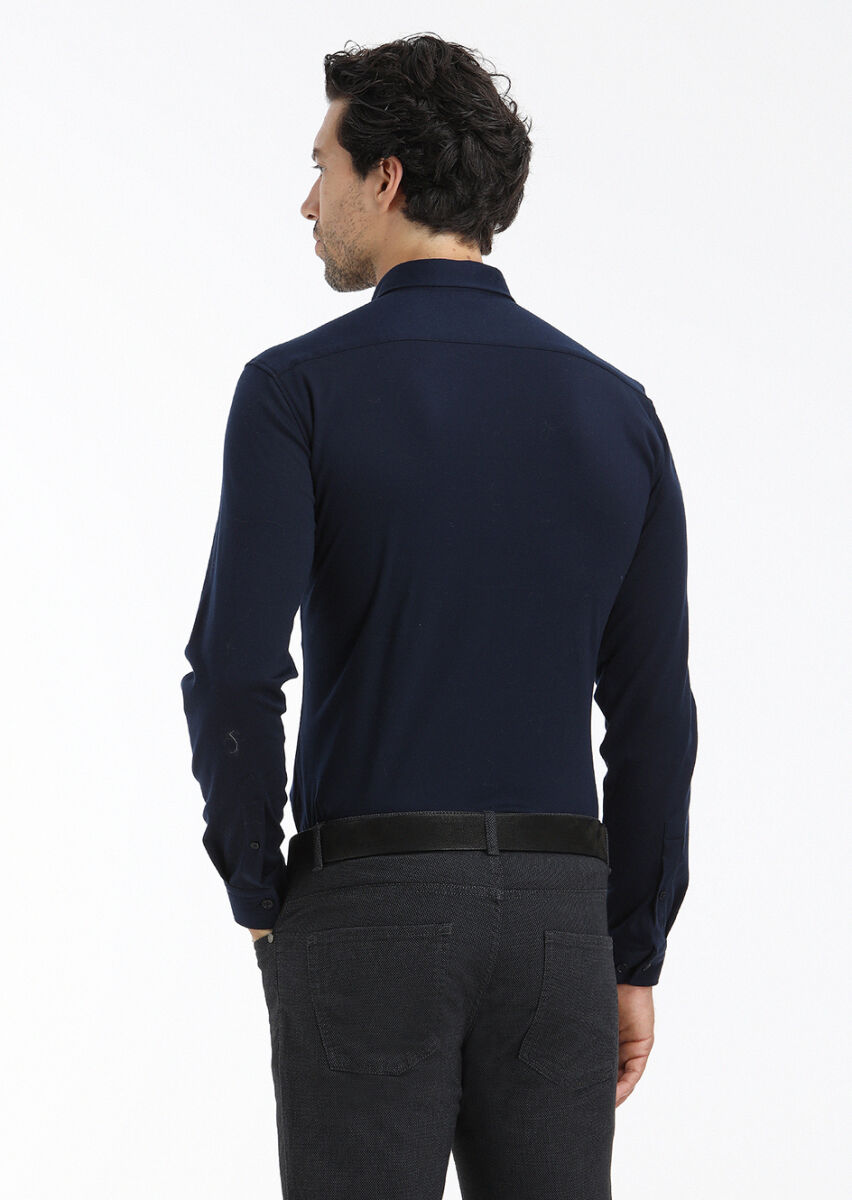 Navy Blue Plain Slim Fit Long Knitting Casual 100% Cotton Shirt - 4