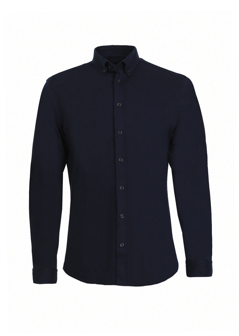 Navy Blue Plain Slim Fit Long Knitting Casual 100% Cotton Shirt - 5