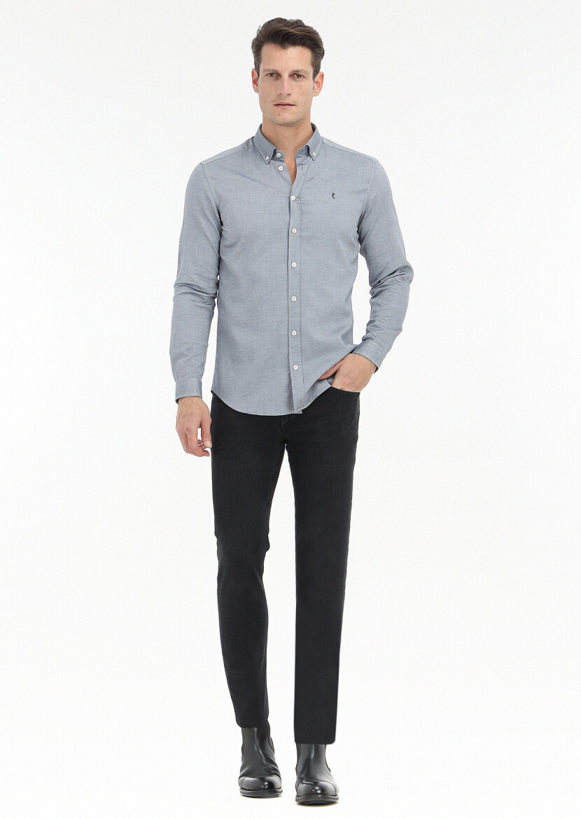 Navy Blue Plain Slim Fit Long Weaving Casual 100% Cotton Shirt - 1