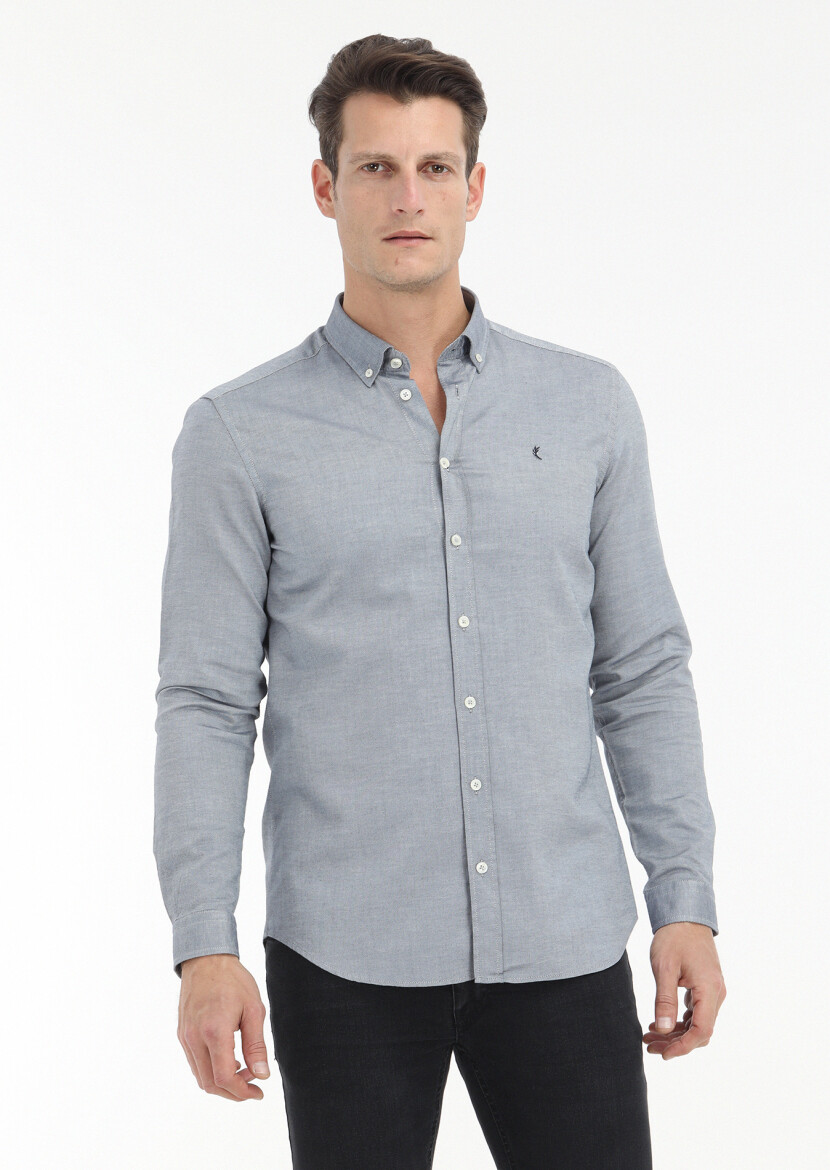 Navy Blue Plain Slim Fit Long Weaving Casual 100% Cotton Shirt 