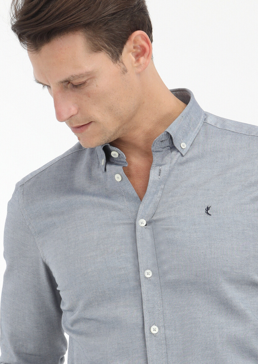 Navy Blue Plain Slim Fit Long Weaving Casual 100% Cotton Shirt - 3