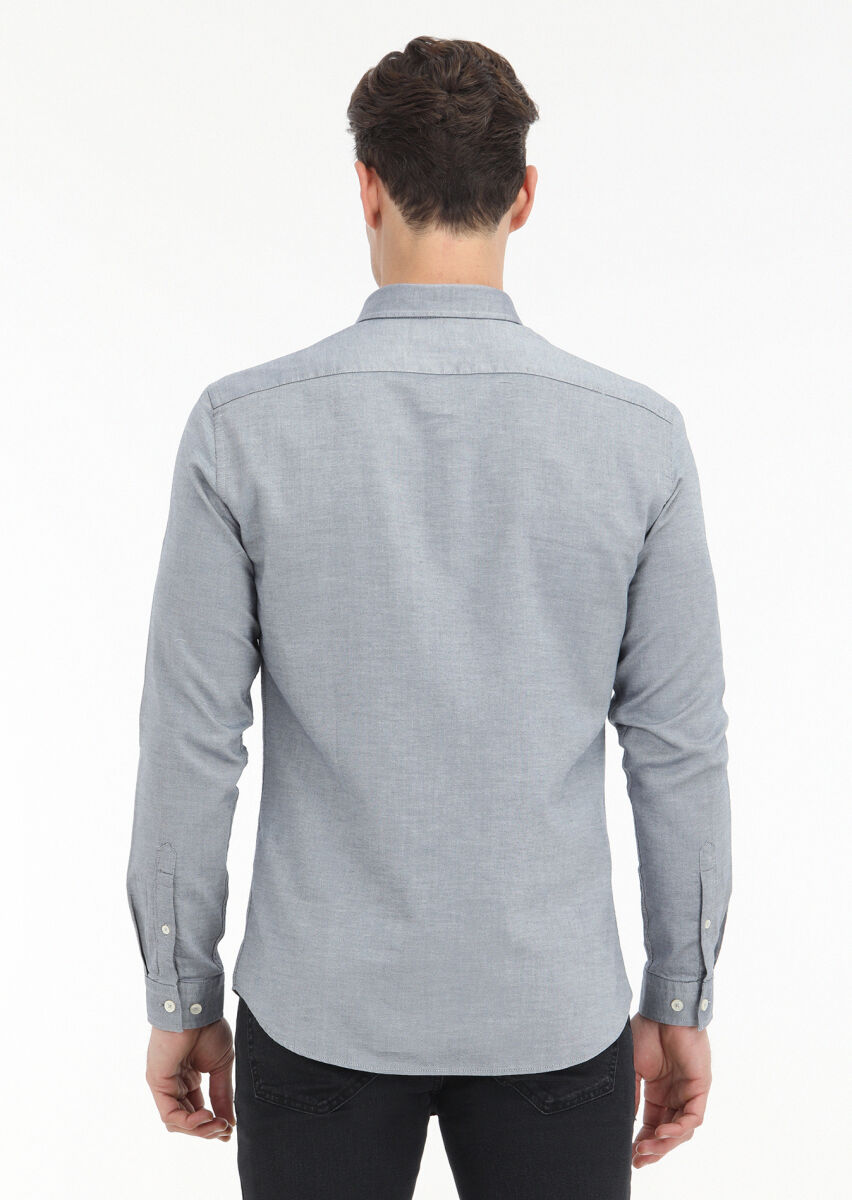 Navy Blue Plain Slim Fit Long Weaving Casual 100% Cotton Shirt - 4