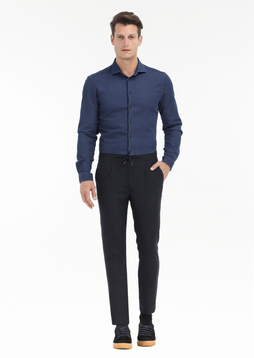 Navy Blue Plain Slim Fit Long Weaving Casual Cotton Blended Shirt - 1