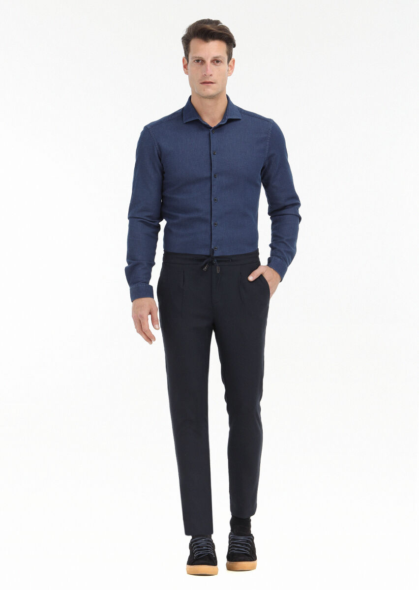 Navy Blue Plain Slim Fit Long Weaving Casual Cotton Blended Shirt - 1