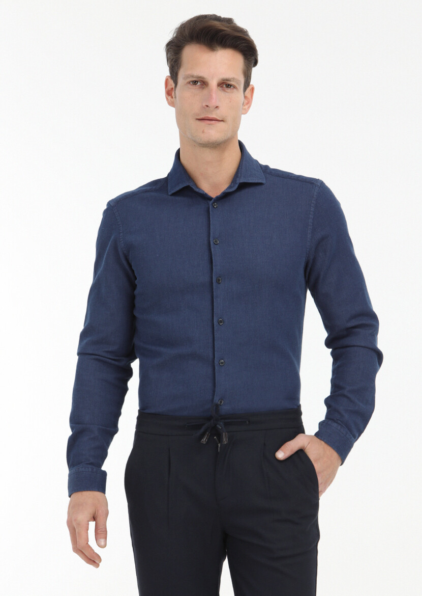 Navy Blue Plain Slim Fit Long Weaving Casual Cotton Blended Shirt - 2