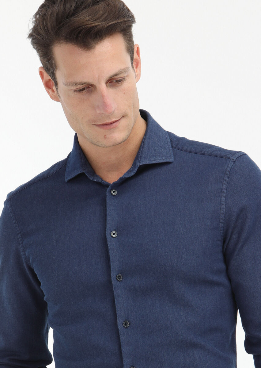 Navy Blue Plain Slim Fit Long Weaving Casual Cotton Blended Shirt - 3