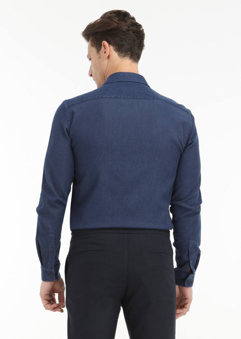 Navy Blue Plain Slim Fit Long Weaving Casual Cotton Blended Shirt - 4