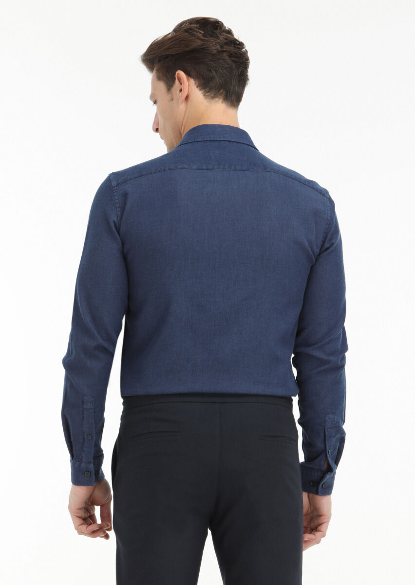 Navy Blue Plain Slim Fit Long Weaving Casual Cotton Blended Shirt - 4