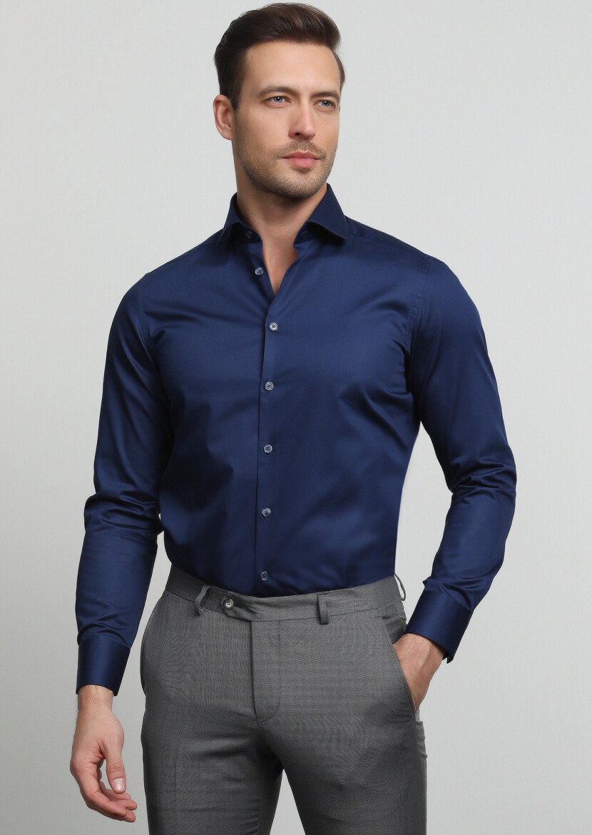 Navy Blue Plain Slim Fit Long Weaving Classical 100% Cotton Shirt - 1