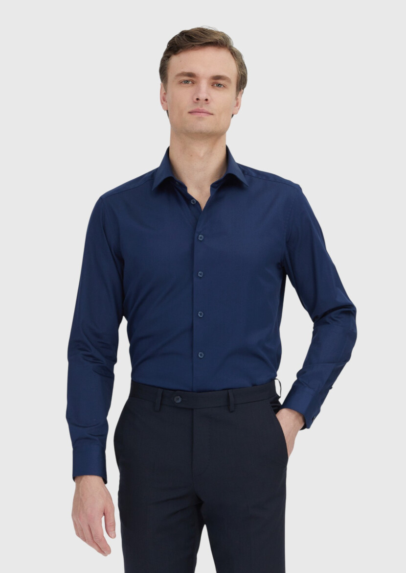Navy Blue Plain Slim Fit Long Weaving Classical 100% Cotton Shirt - 1