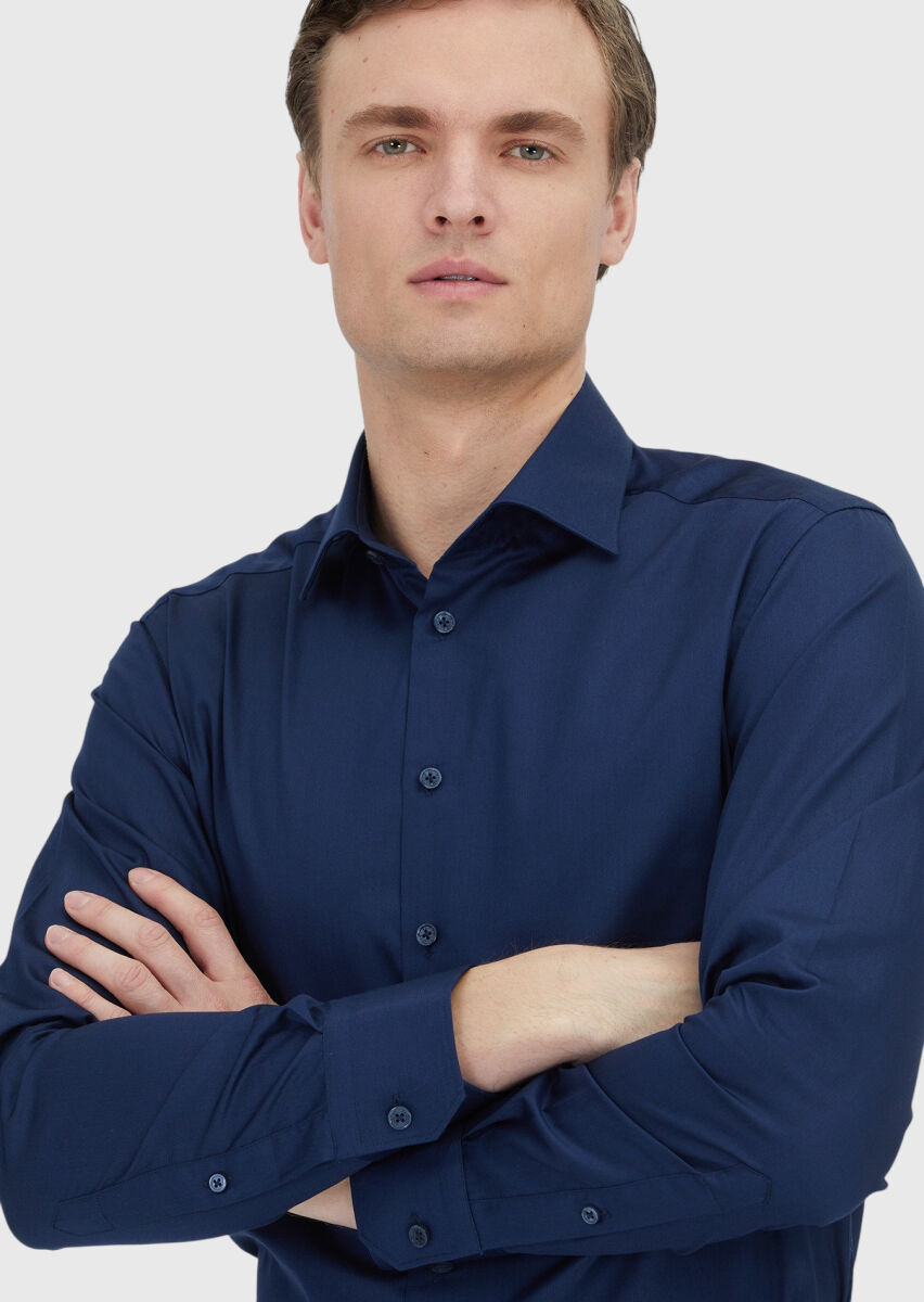 Navy Blue Plain Slim Fit Long Weaving Classical 100% Cotton Shirt - 3
