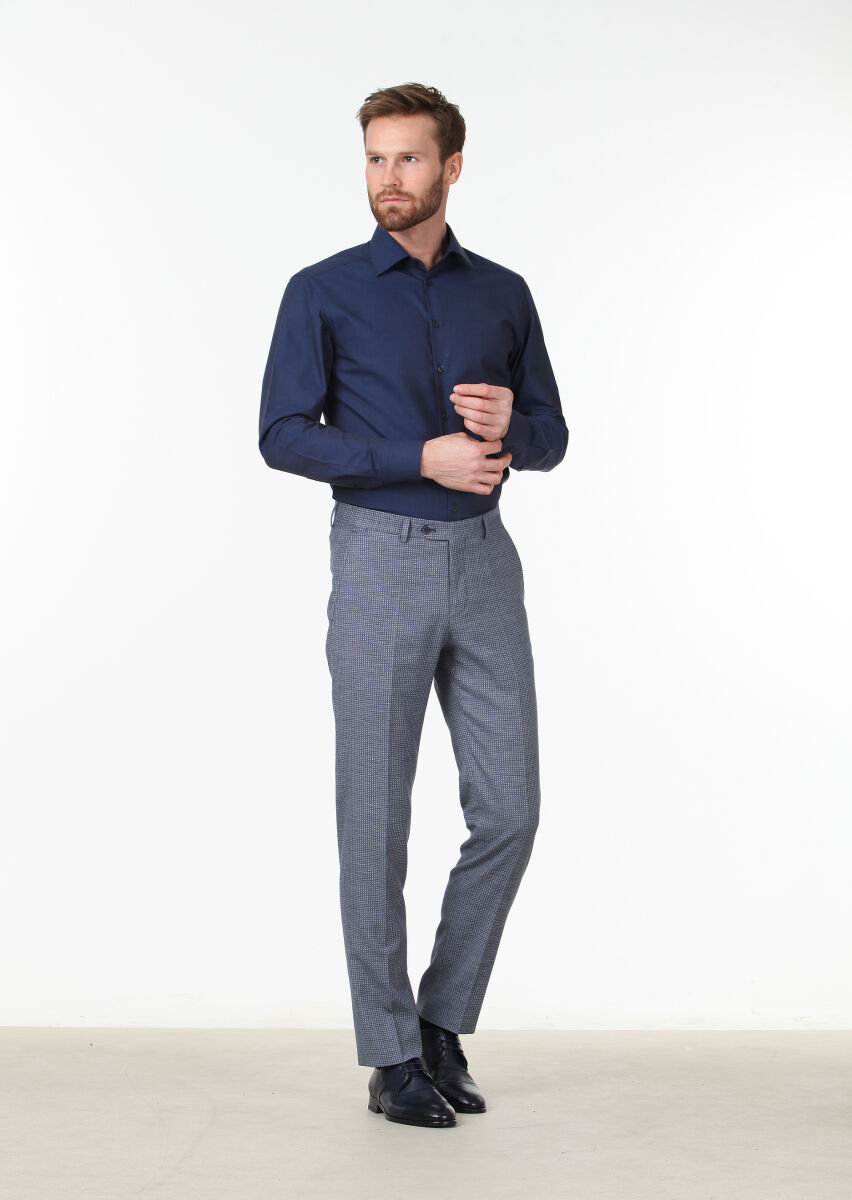 Navy Blue Plain Slim Fit Long Weaving Classical Cotton Blended Shirt - 2