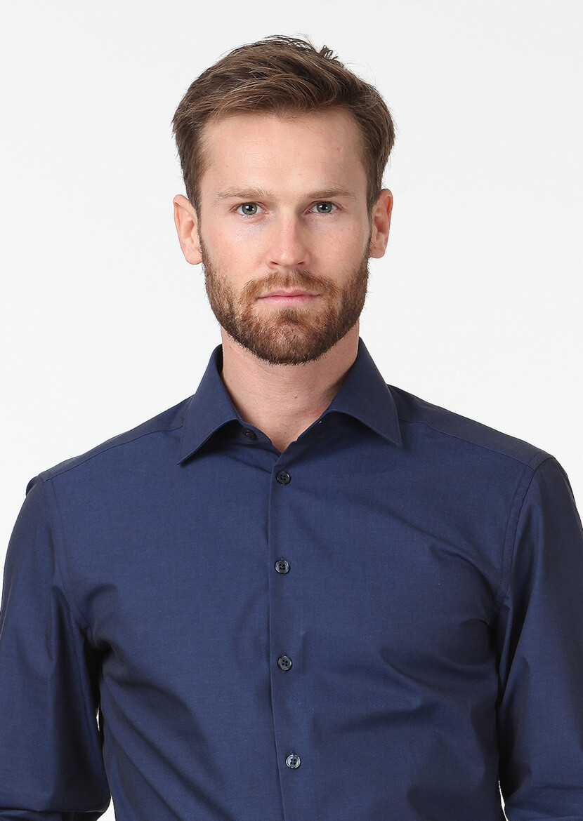 Navy Blue Plain Slim Fit Long Weaving Classical Cotton Blended Shirt - 3