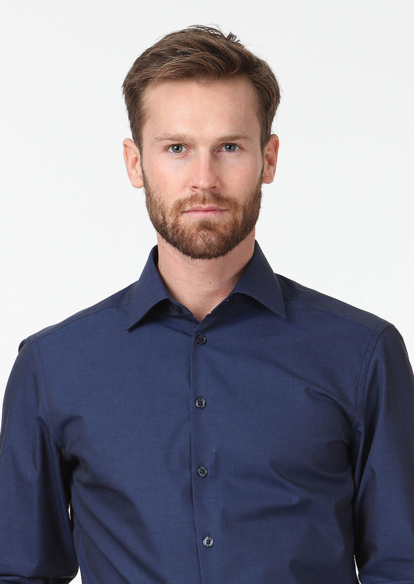 Navy Blue Plain Slim Fit Long Weaving Classical Cotton Blended Shirt - 3
