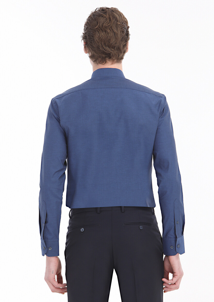 Navy Blue Plain Slim Fit Long Weaving Classical Cotton Blended Shirt - 3