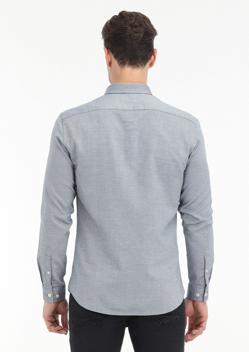 Navy Blue Plain Slim Fit Weaving Casual 100% Cotton Shirt - 4