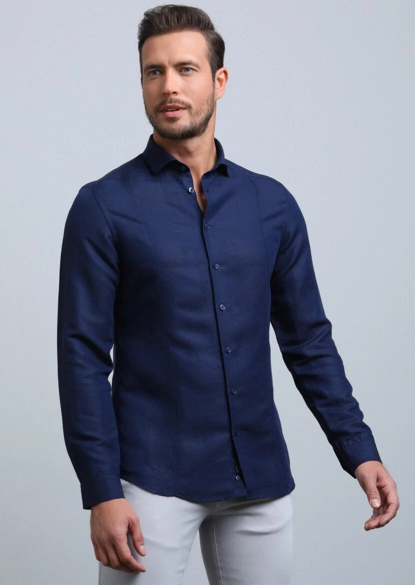 Navy Blue Plain Slim Fit Weaving Casual Linen Blended Shirt - 1