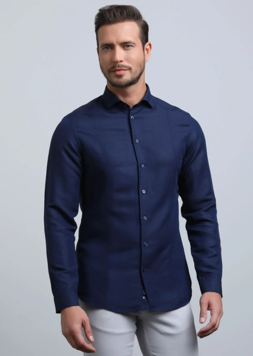 Navy Blue Plain Slim Fit Weaving Casual Linen Blended Shirt - 4