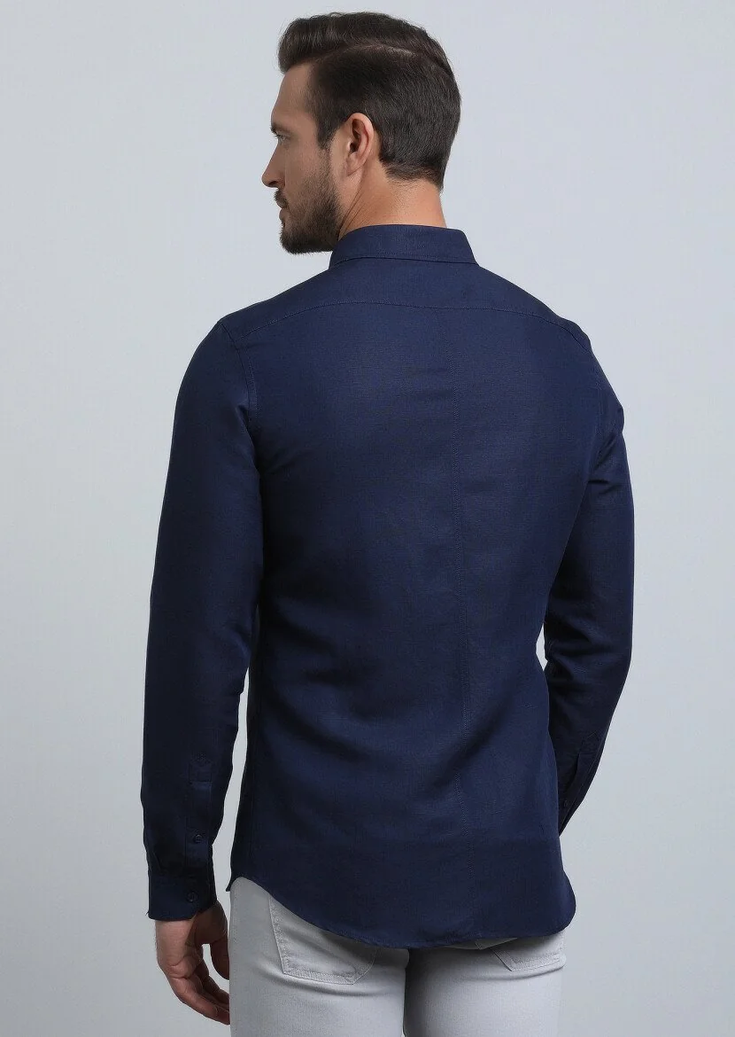 Navy Blue Plain Slim Fit Weaving Casual Linen Blended Shirt - 5