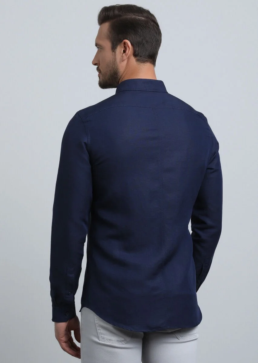 Navy Blue Plain Slim Fit Weaving Casual Linen Blended Shirt - 5