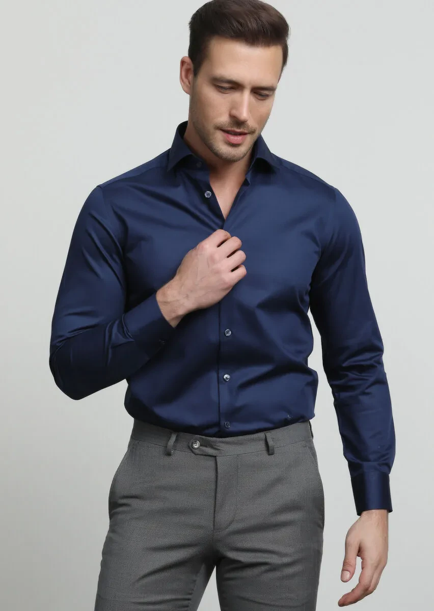 Navy Blue Plain Slim Fit Weaving Classical 100% Cotton Shirt - 3