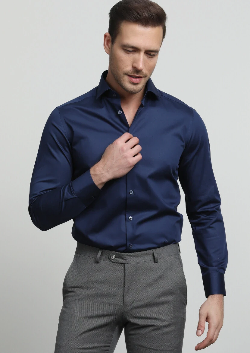 Navy Blue Plain Slim Fit Weaving Classical 100% Cotton Shirt - 3