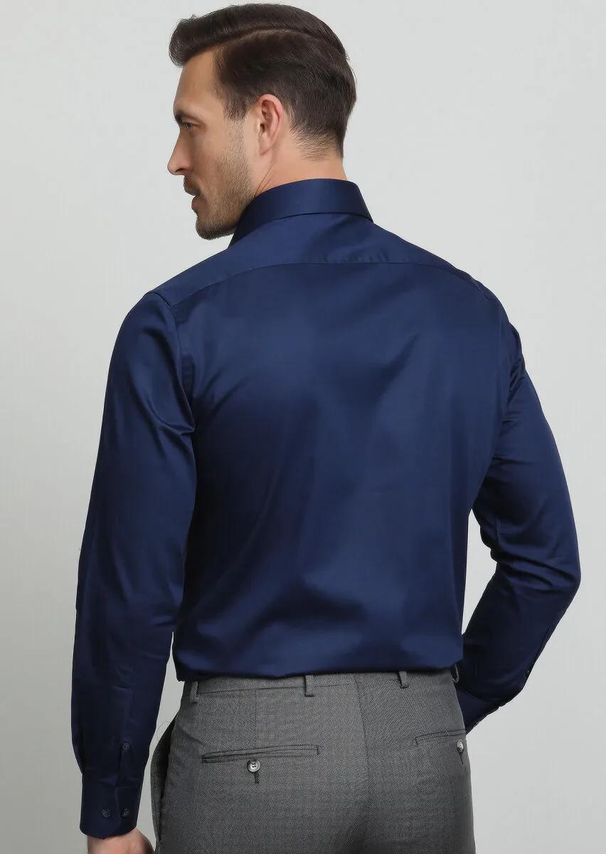Navy Blue Plain Slim Fit Weaving Classical 100% Cotton Shirt - 4