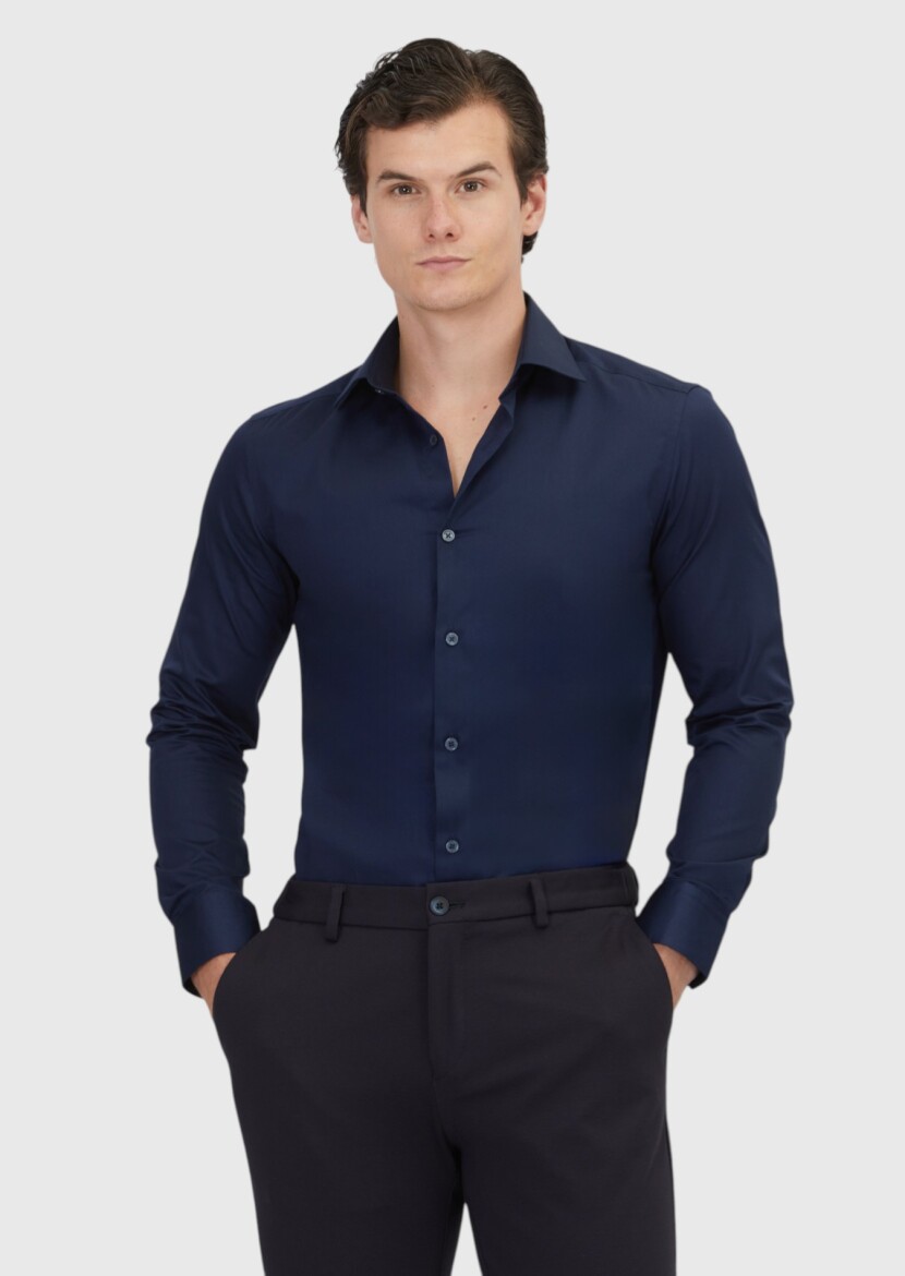 Navy Blue Plain Slim Fit Weaving Classical 100% Cotton Shirt - 1