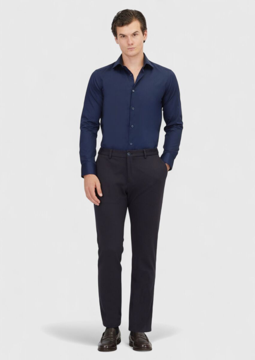 Navy Blue Plain Slim Fit Weaving Classical 100% Cotton Shirt - 2