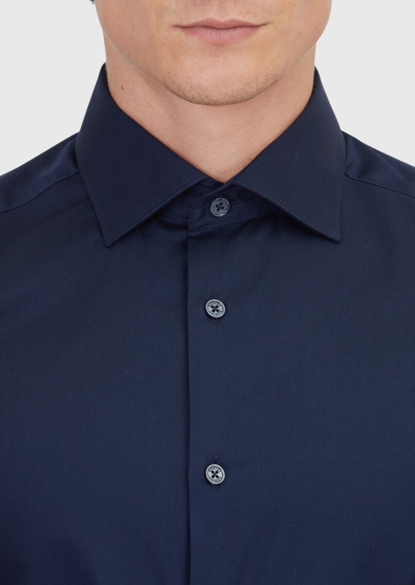 Navy Blue Plain Slim Fit Weaving Classical 100% Cotton Shirt - 3