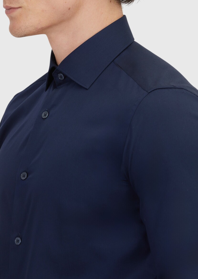 Navy Blue Plain Slim Fit Weaving Classical 100% Cotton Shirt - 4