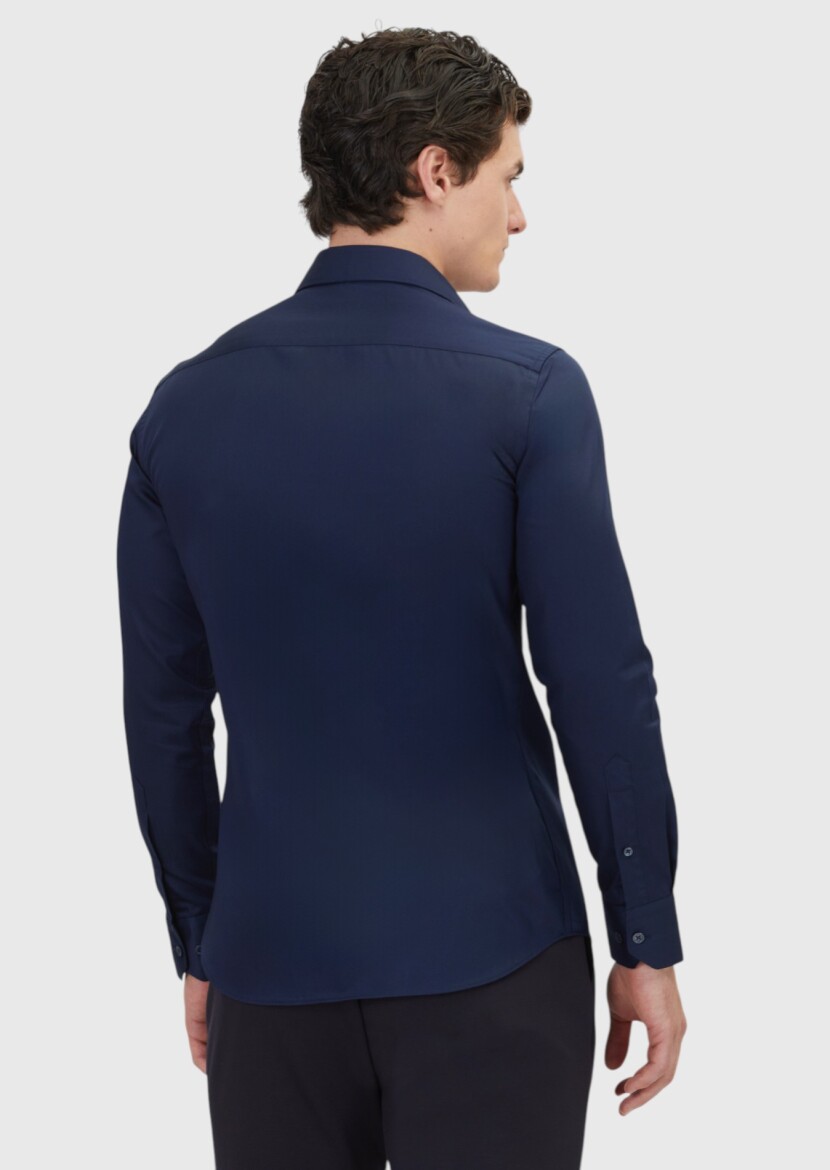 Navy Blue Plain Slim Fit Weaving Classical 100% Cotton Shirt - 5